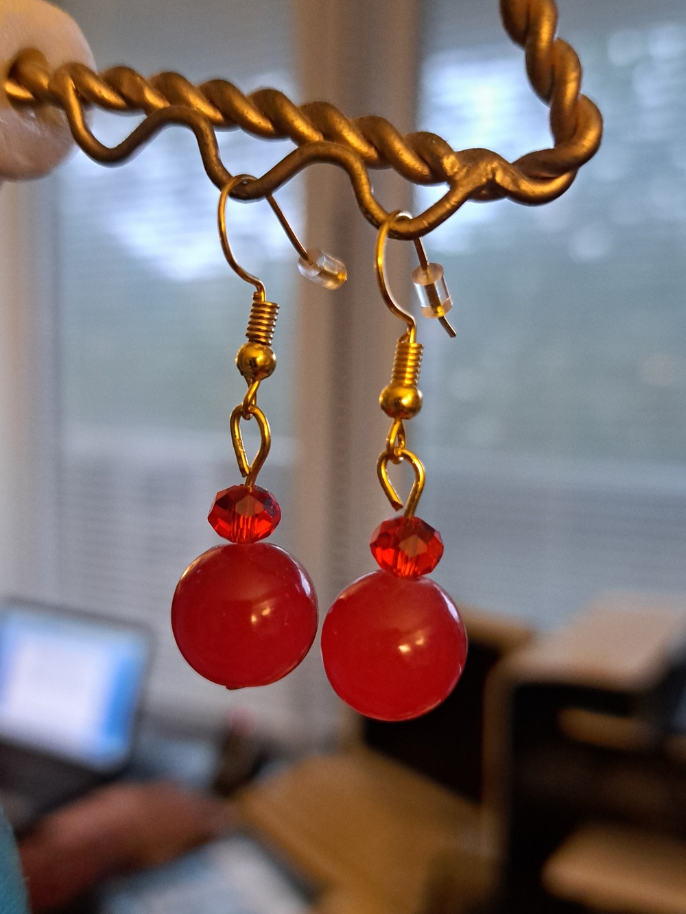 Gold-Tone Red Beaded Drop Earrings